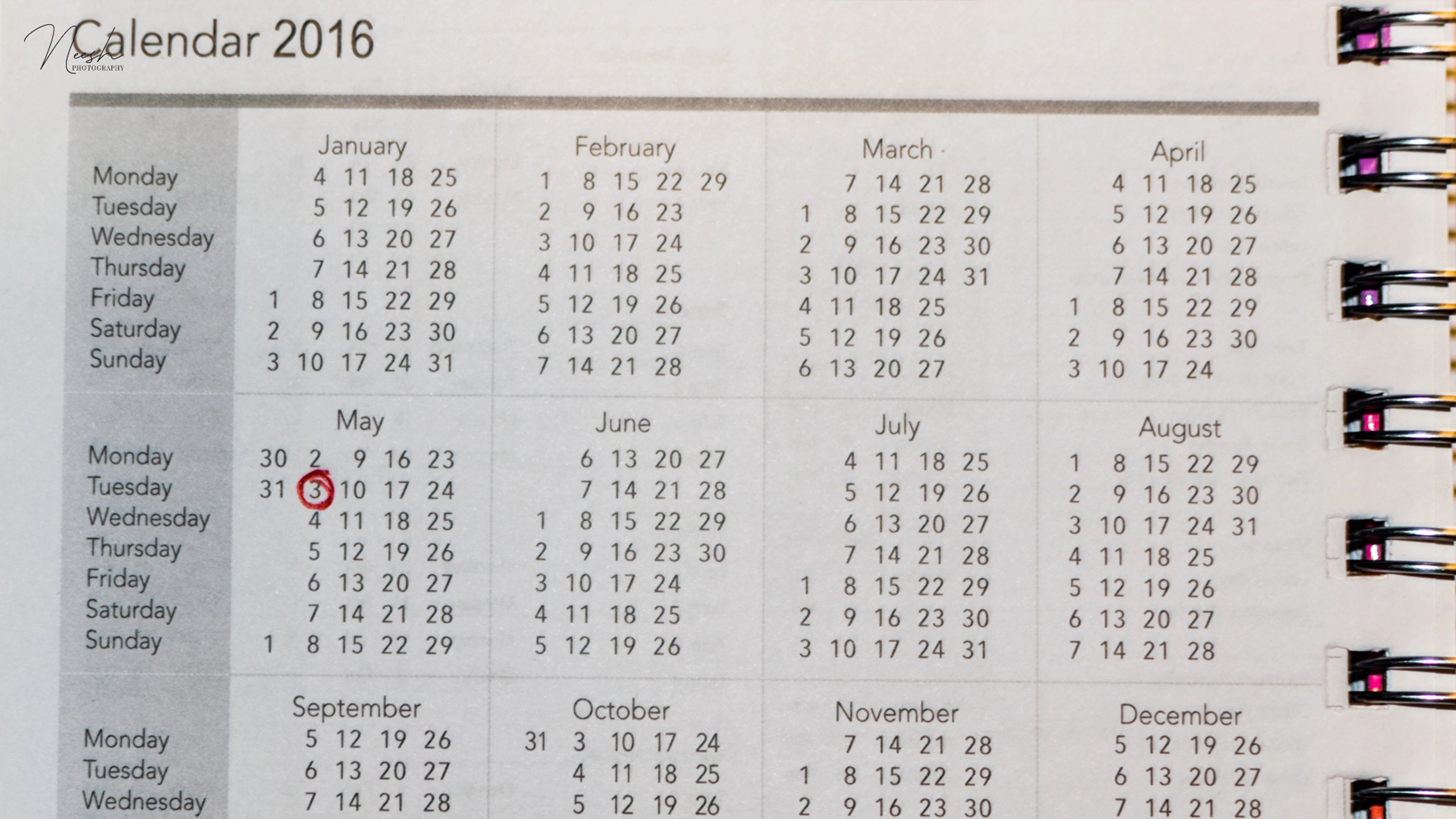 We Are Sorry, 2016 7 2016 Ringbound Calendar Page, Months Jandec, May 3Rd Circled In Red.