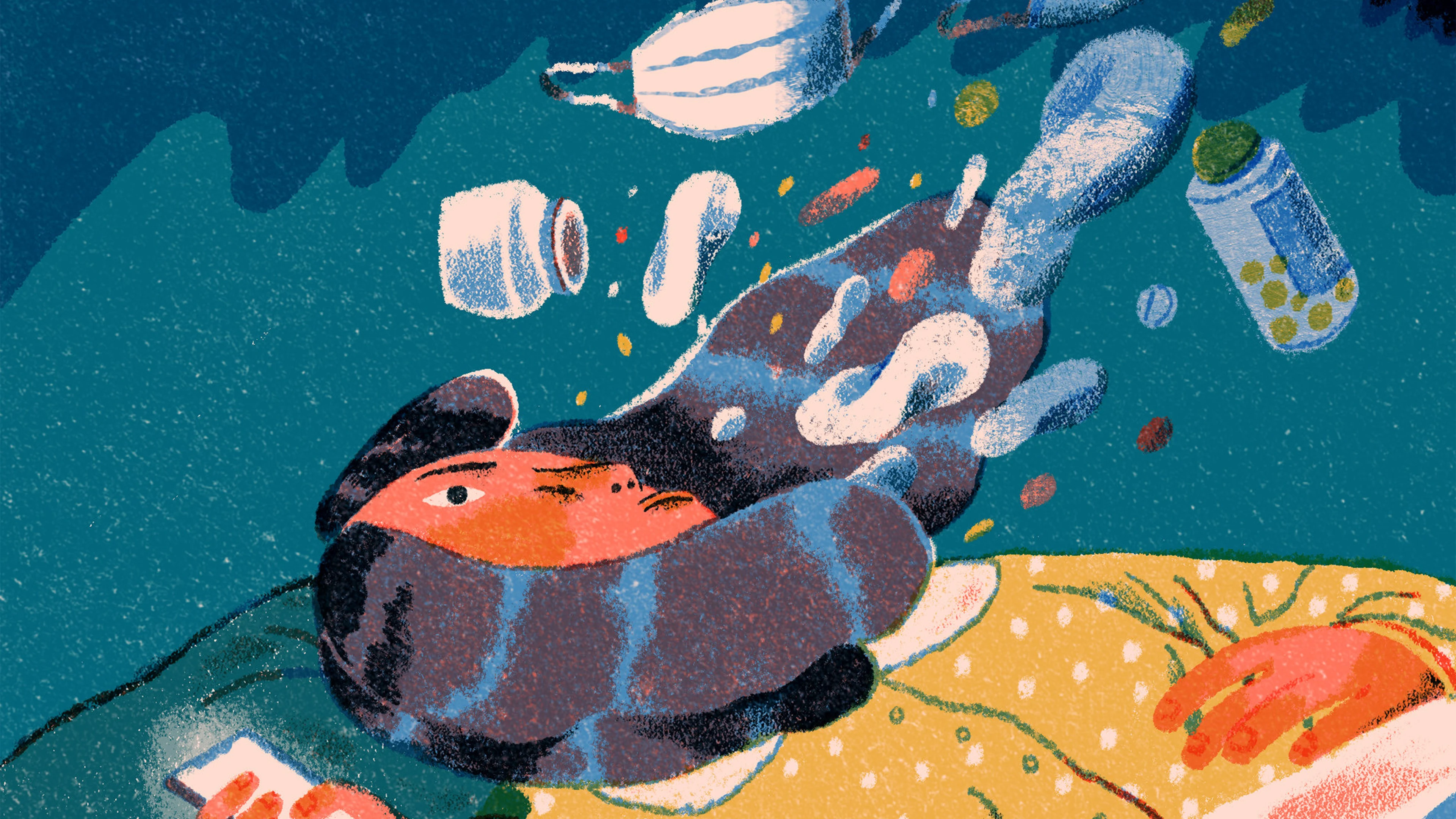 Person lying down, surrounded by floating objects like a mask and pill bottles on dark background.