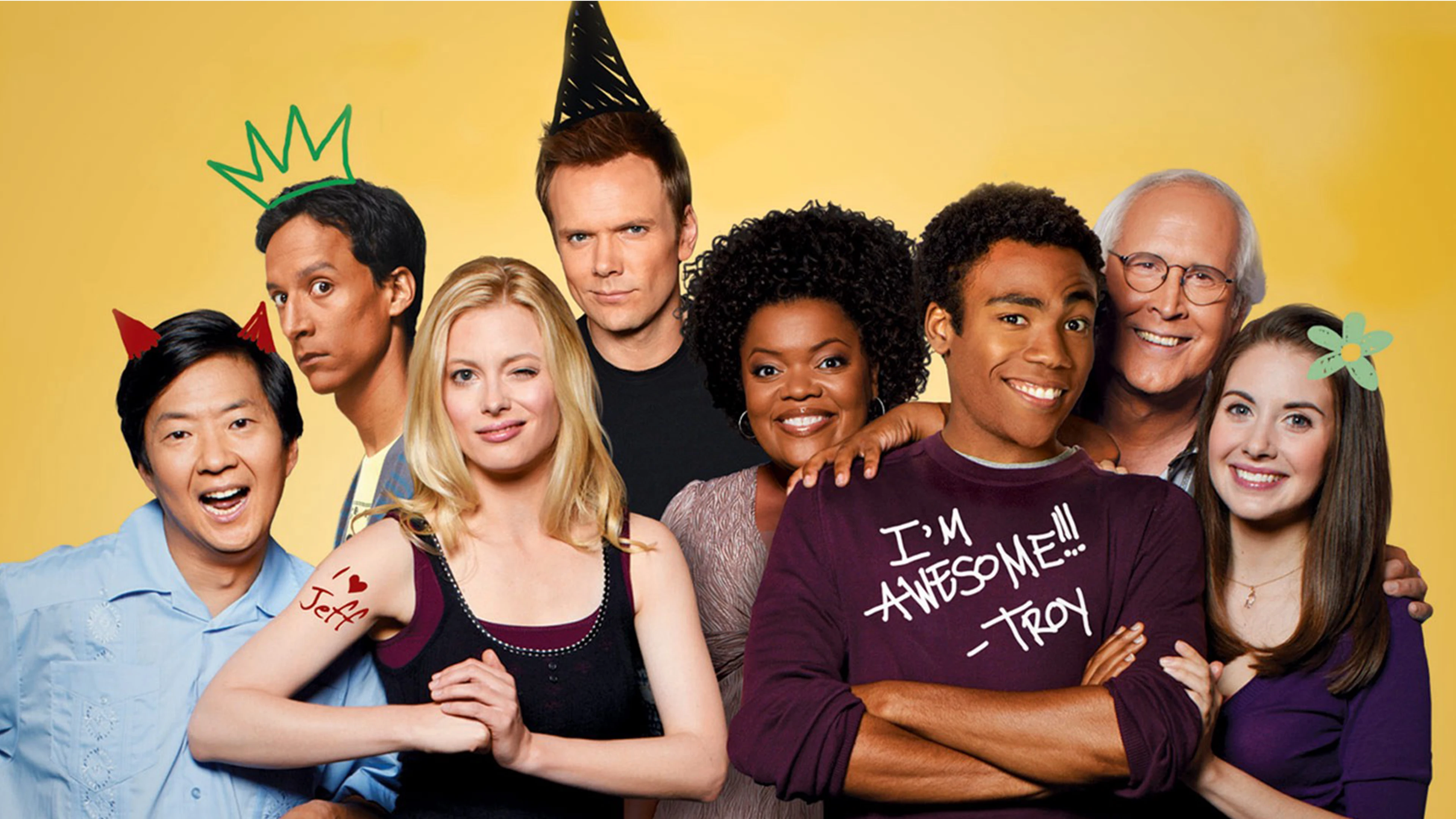 Representation, On Popular Culture &Amp; ‘Community’ 4 Group Posing With Drawn-On Hats And Text On Shirt And Arm, Yellow Background.