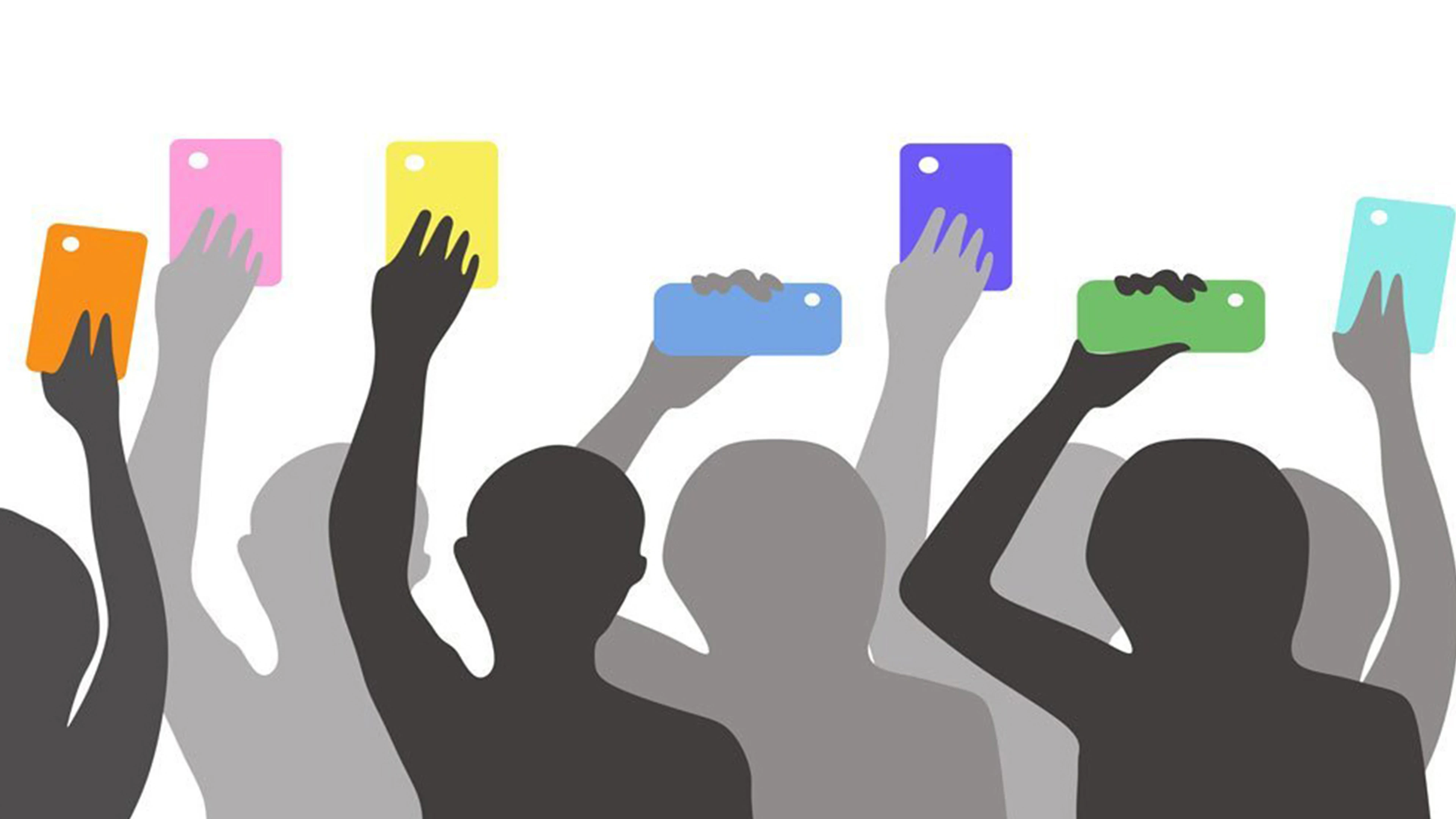 Citizen Journalism: Good, Bad Or Somewhere In-Between? 3 Silhouettes Of People Raising Smartphones In Orange, Pink, Yellow, Blue, Green, Cyan.