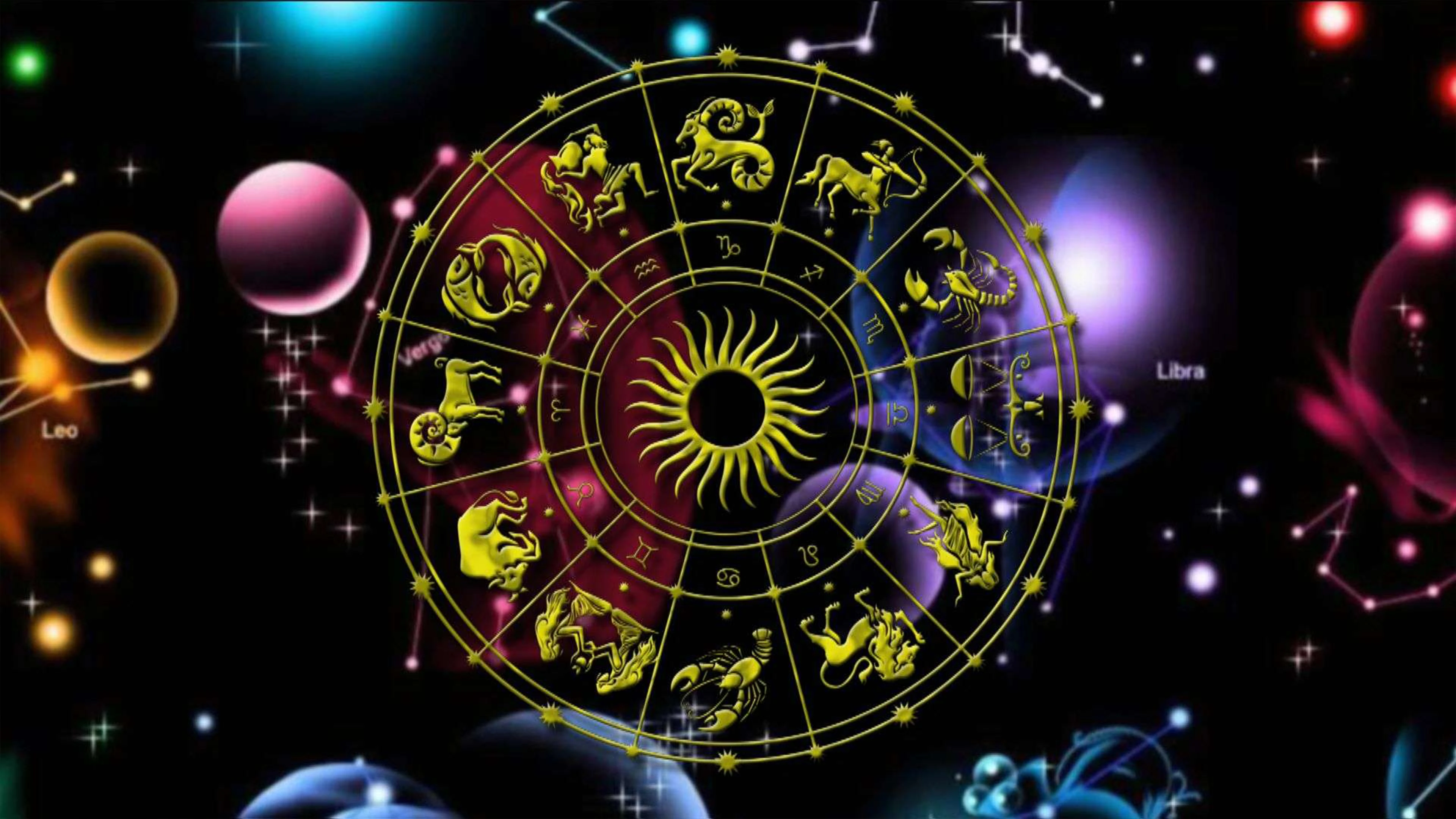 Zodiac Wheel With Twelve Signs, Central Sun, Starry Cosmic Backdrop, Planets, Constellations.