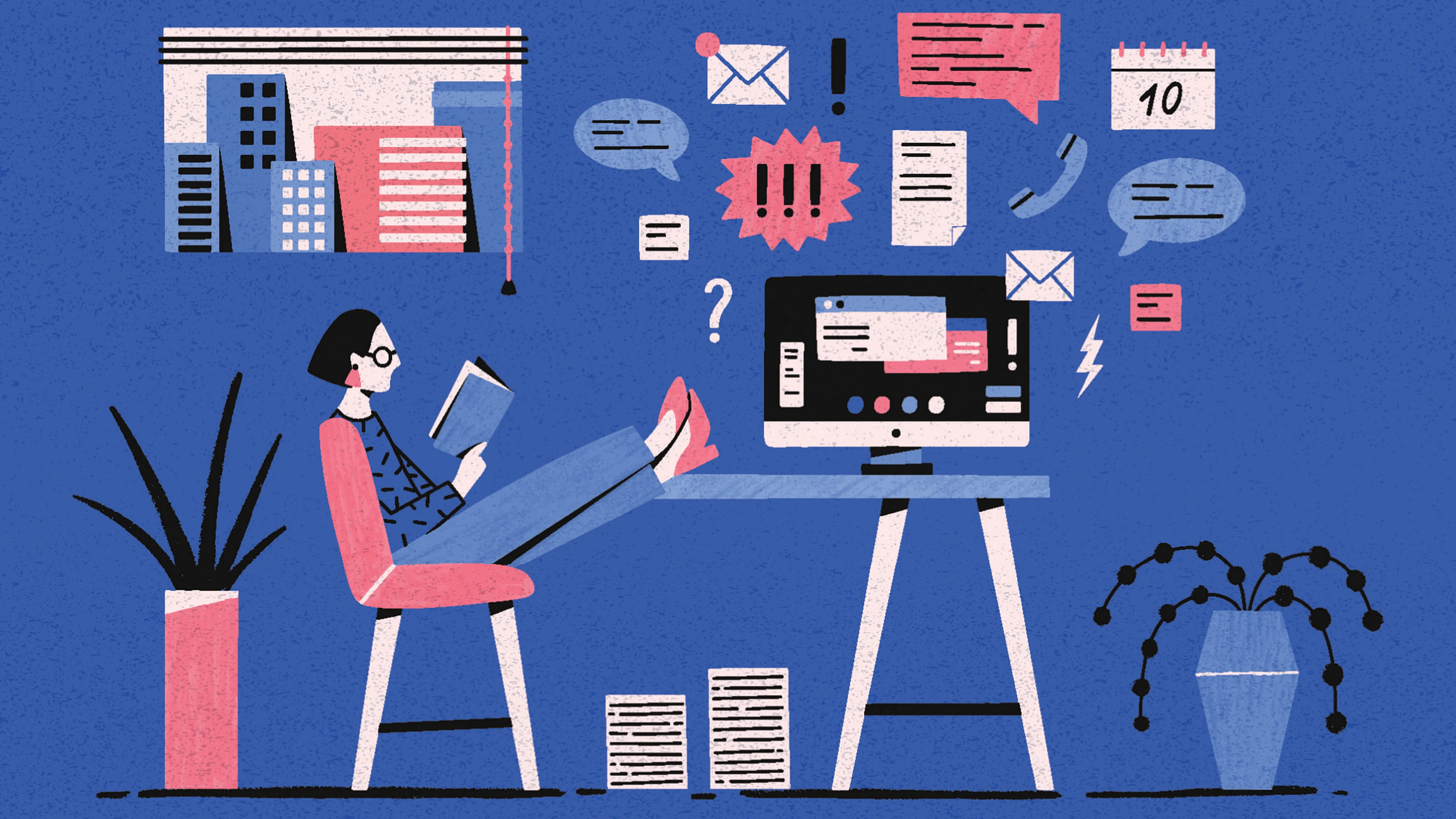 Person reading at desk with computer, icons for emails and calendar, symbolising multitasking.