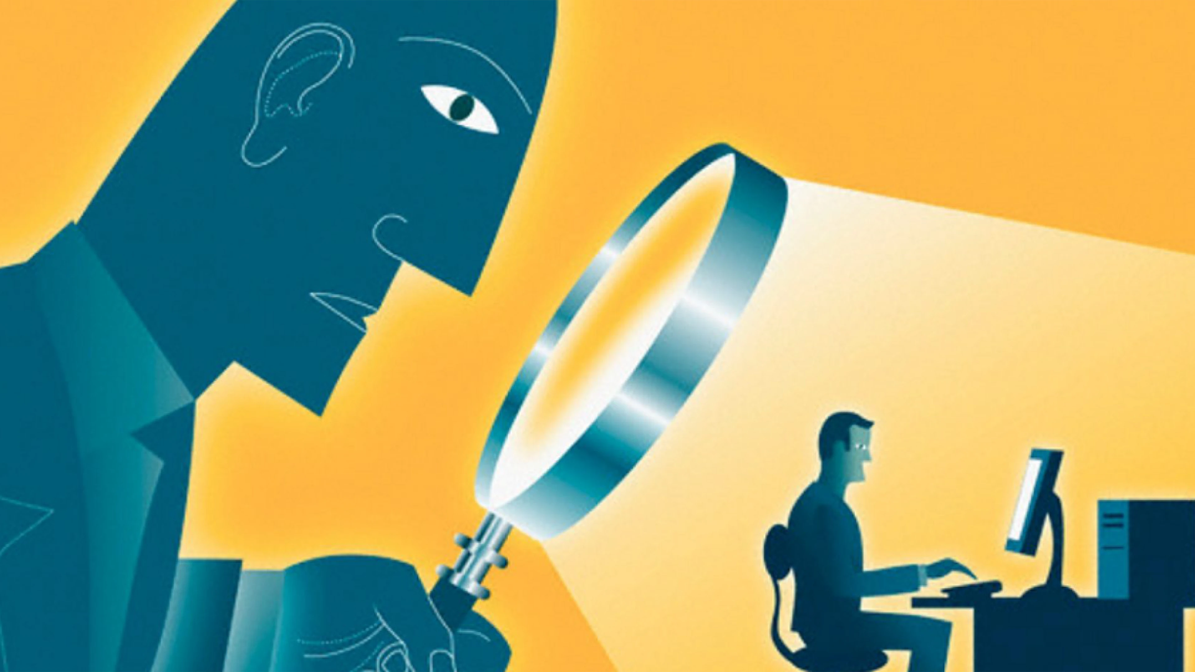 Large Figure With Magnifying Glass Watching Person At Computer, Illustrating Surveillance.