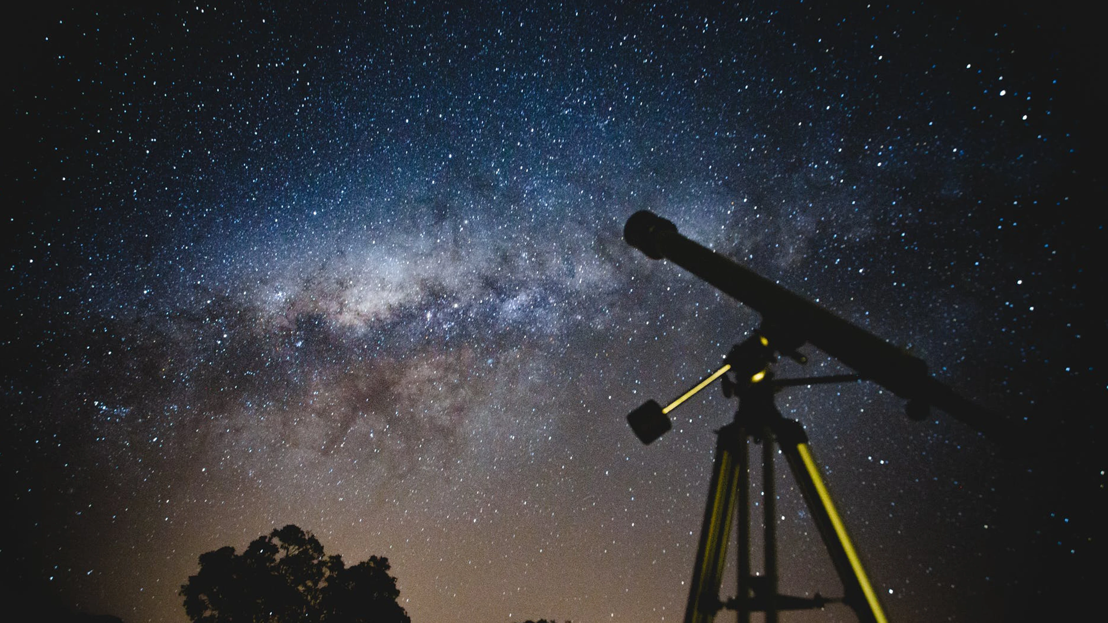 Telescope silhouetted against starry night and Milky Way, with tree tops in foreground.