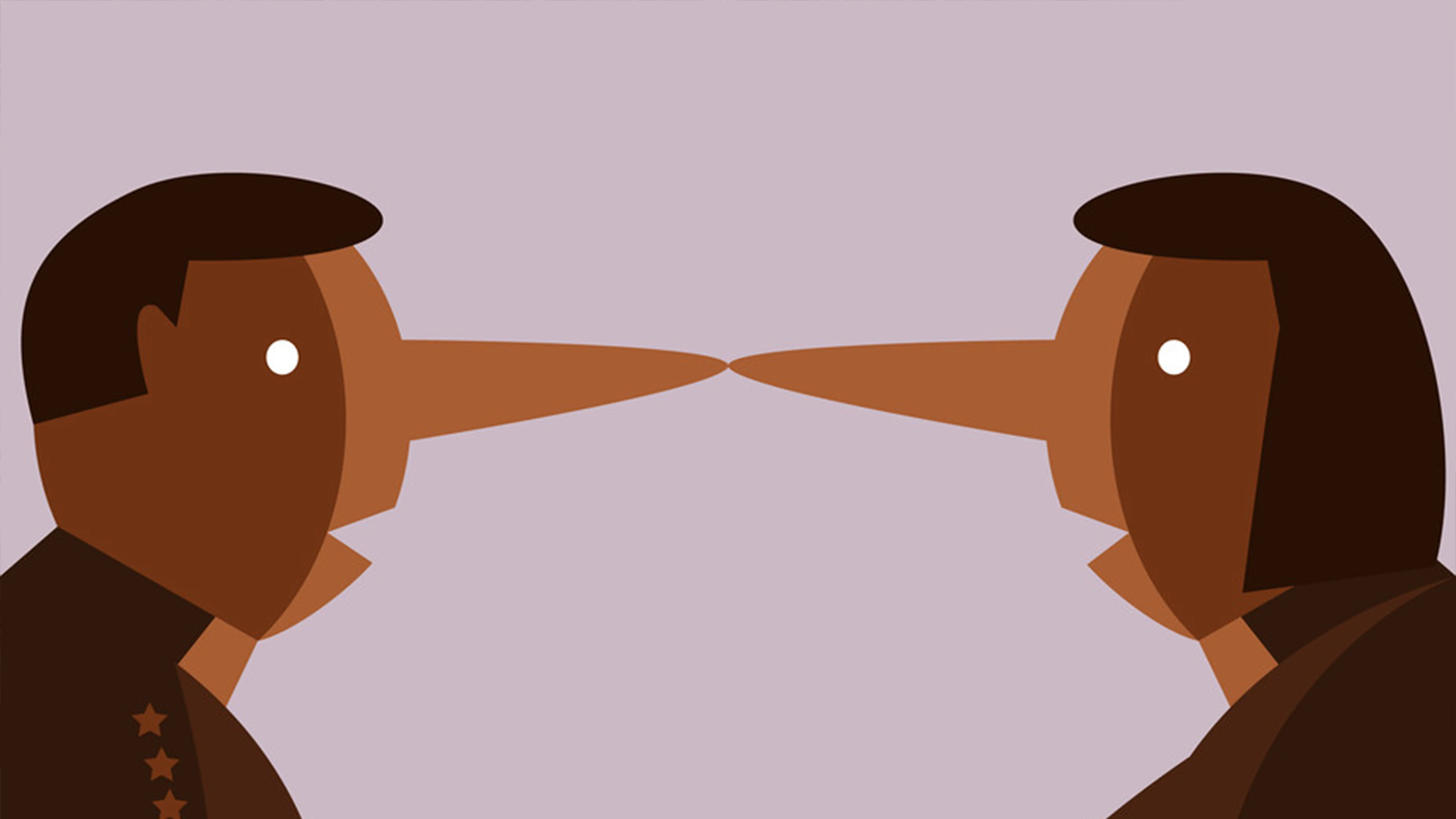 Two figures with long noses facing each other on a muted purple background, symbolising dishonesty.