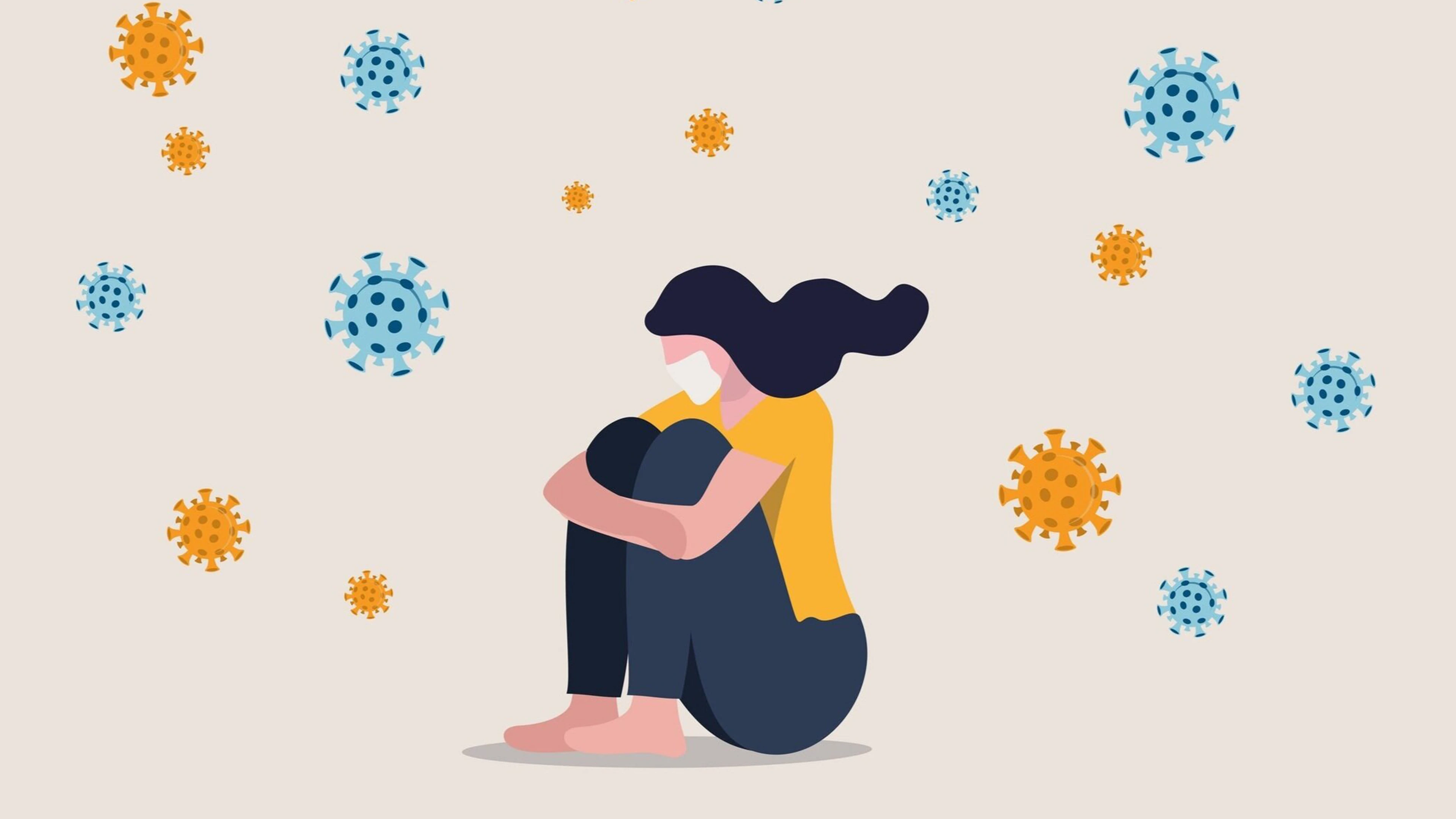 Person sitting with knees to chest, surrounded by blue and orange virus symbols.