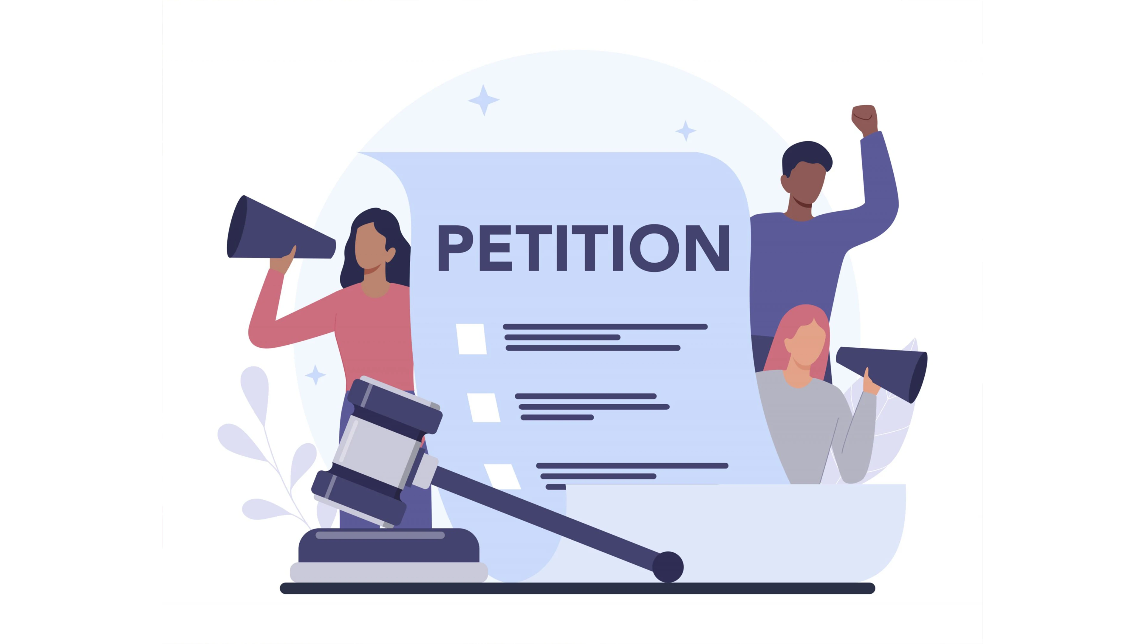 Petition document with checkboxes, diverse crowd with megaphones, gavel symbolising legal action.