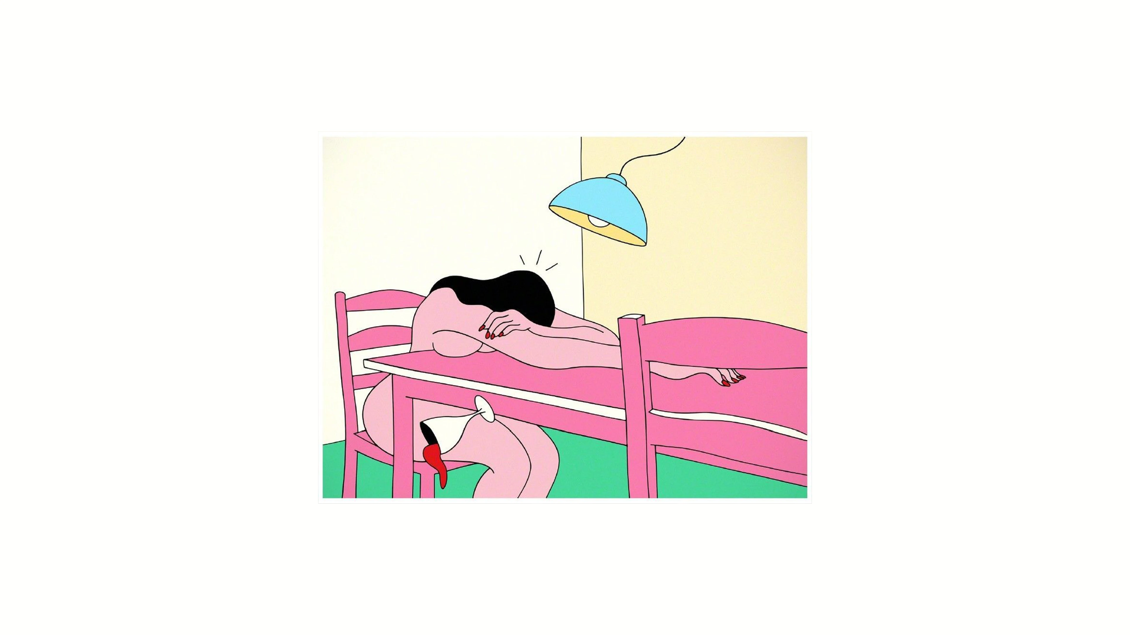 Person with long hair resting on table, spilled wine glass on floor, pendant light above.