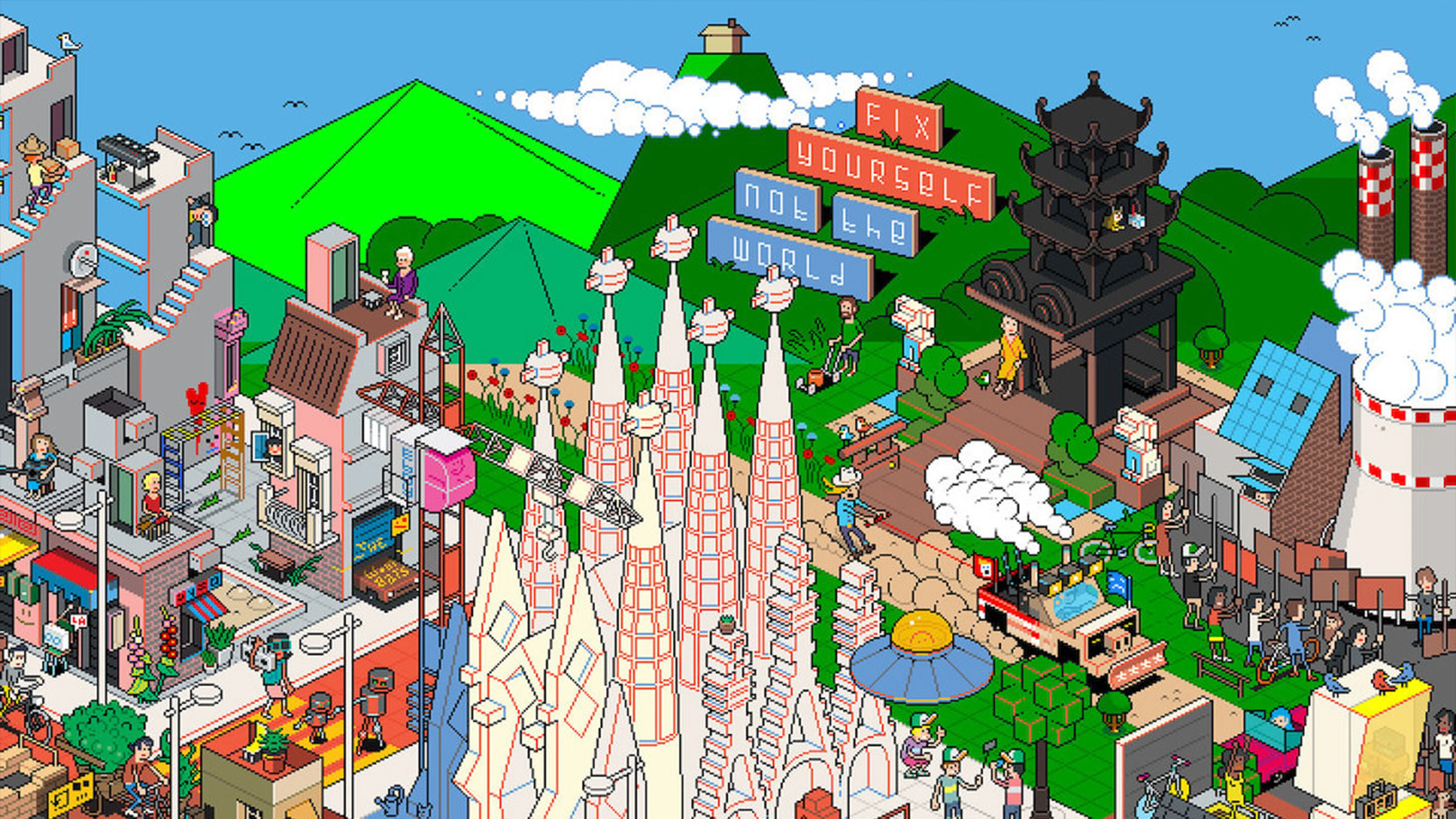 Pixel Art Cityscape With Diverse Buildings, People, Green Hills, And The Phrase &Quot;Fix Yourself Not The World.&Quot;