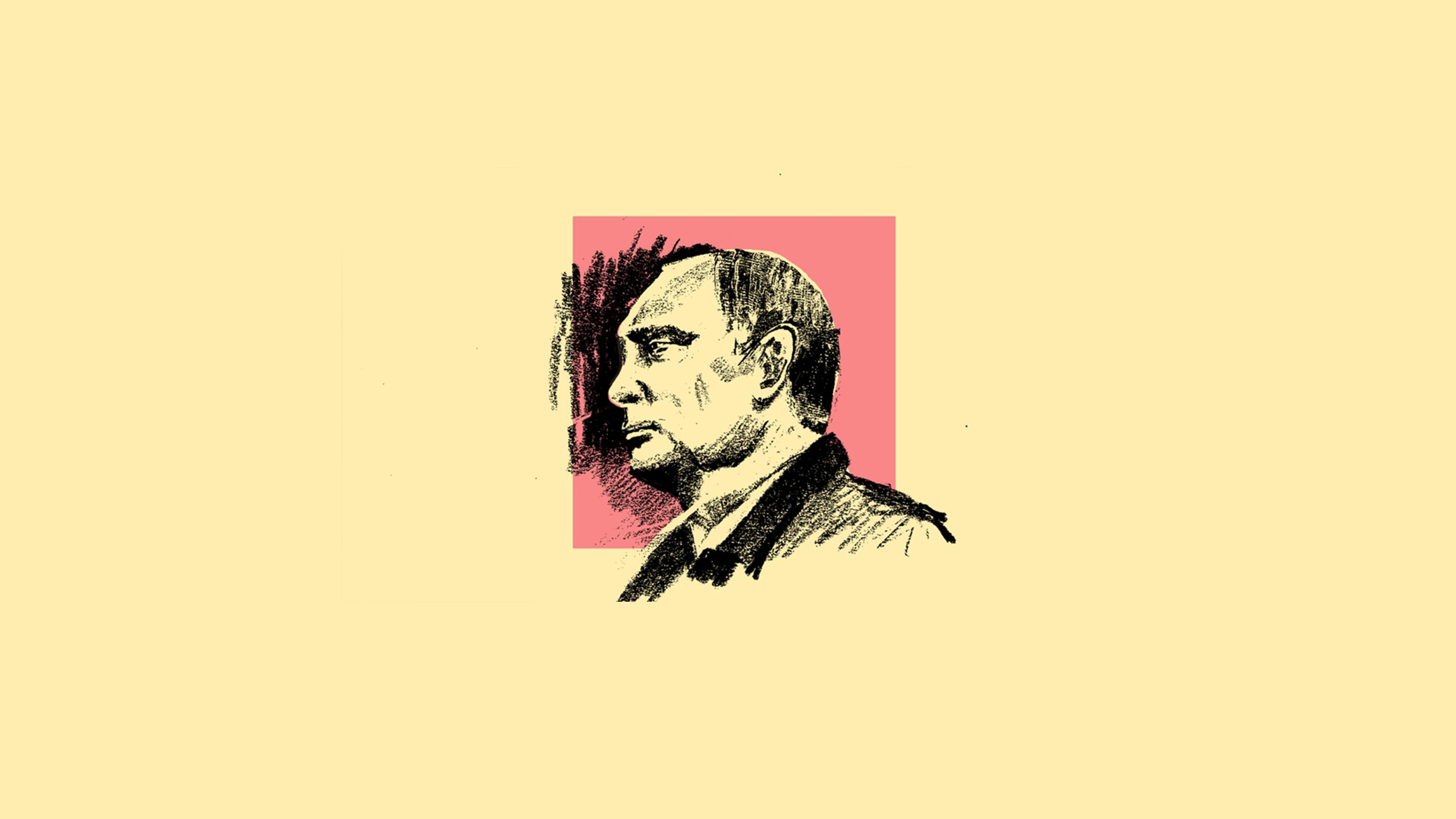 Black and white profile sketch of a man on pink, vintage yellow background.