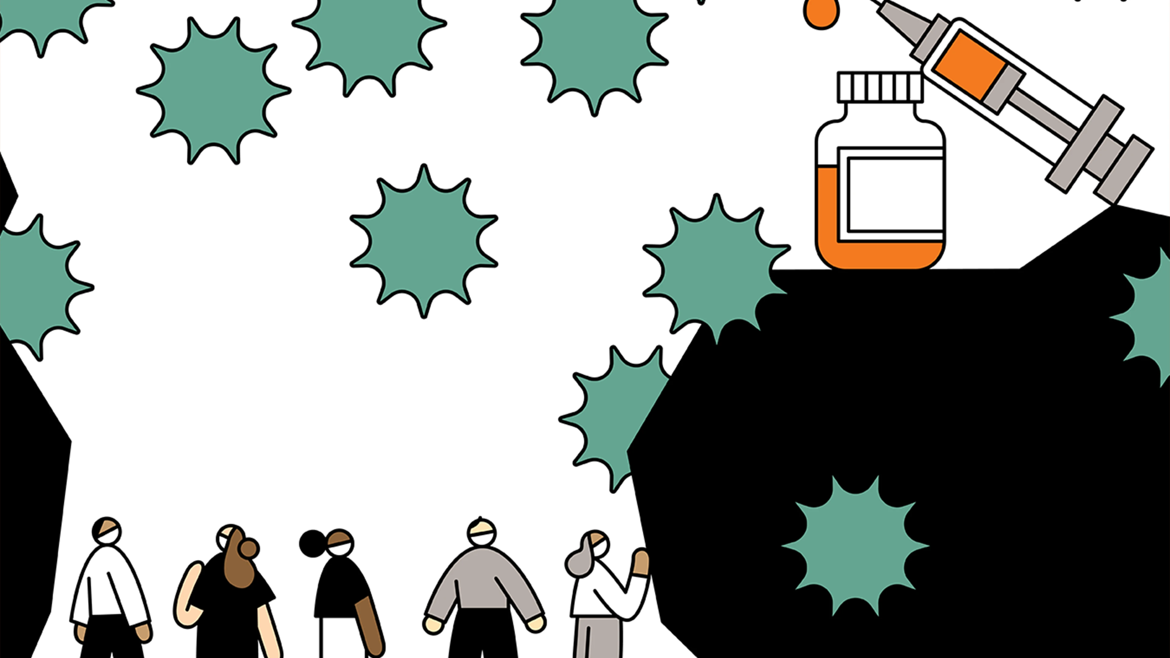 Stylised Illustration Of Masked People, Syringe, Vaccine, And Green Virus Shapes On White Background.
