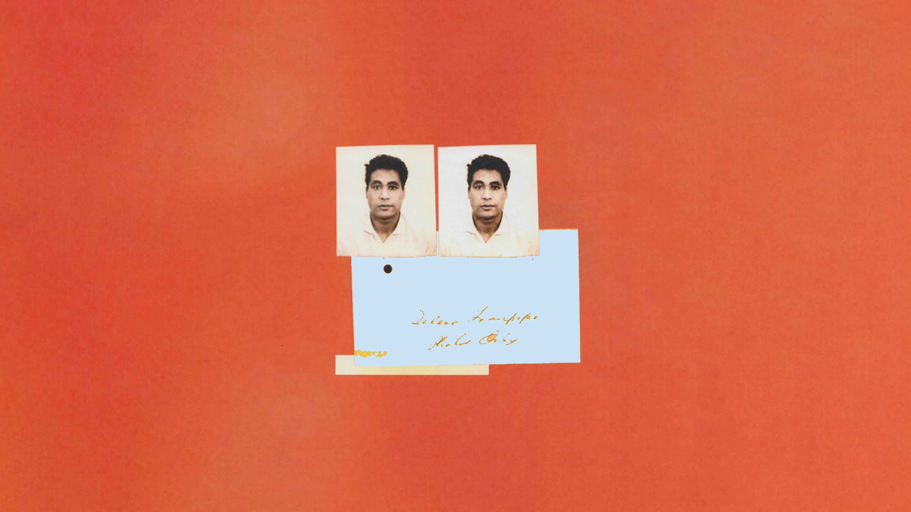 Two Identical Passport Photos Of A Man With A Handwritten Note On An Orange Background.