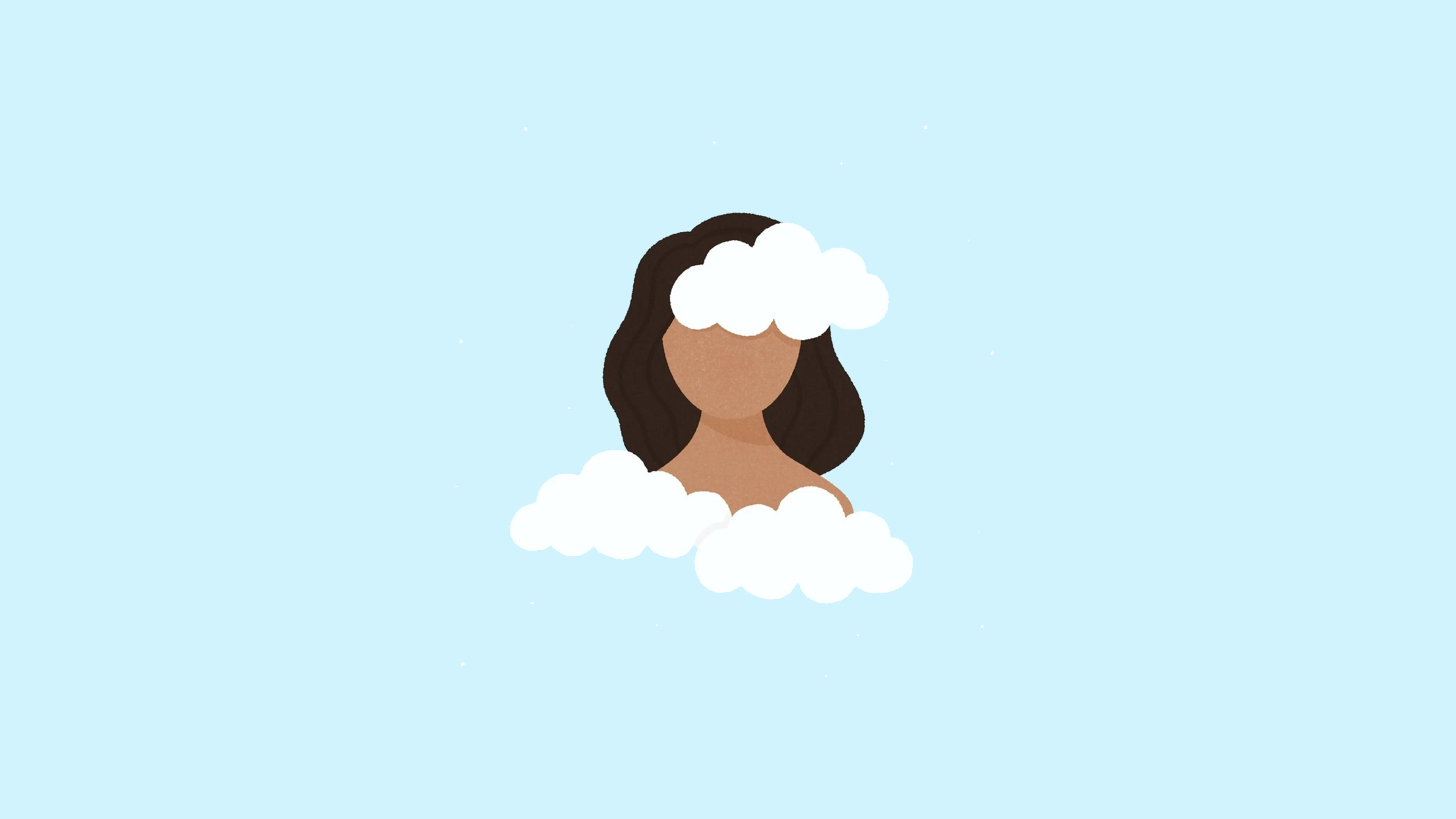 Illustration of a person with dark hair, obscured by white clouds on a light blue background.