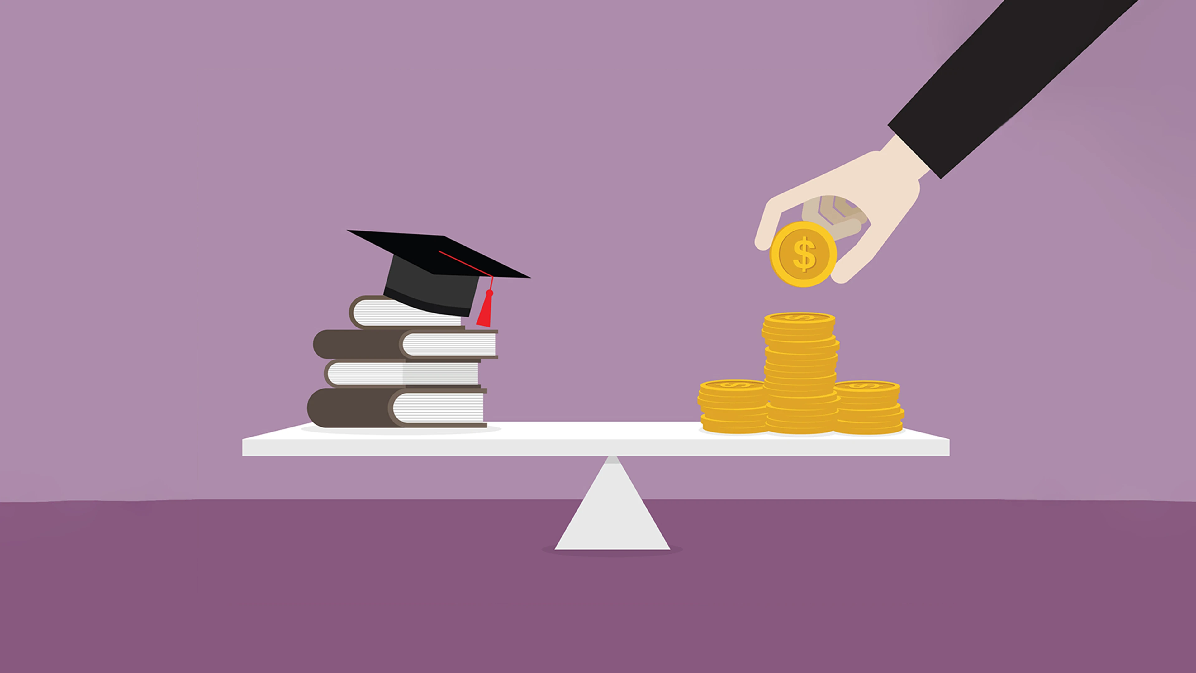 Scale with books and cap on one side, coins on the other, indicating education vs money balance.