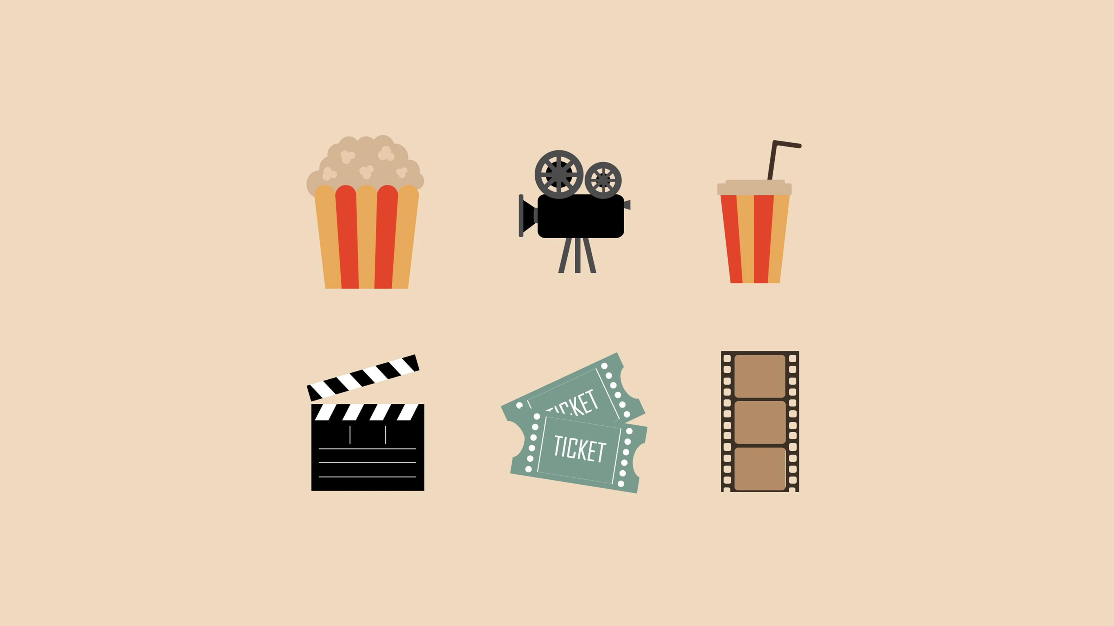 14 Movies That I Think About Every Day 8 Popcorn, Projector, Drink, Clapboard, Tickets, Film Strip On Beige Background.