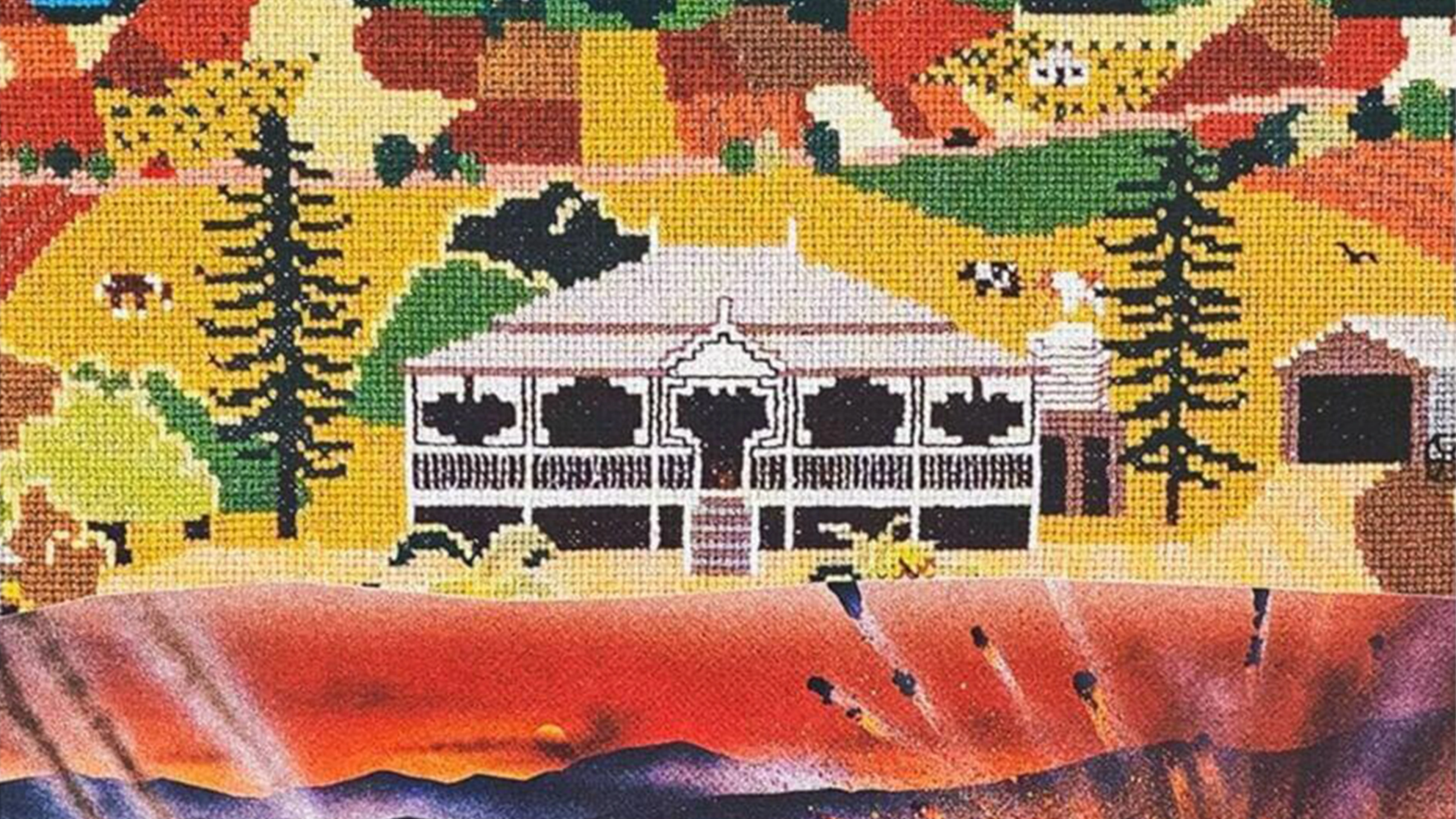 Tapestry Of Rural Landscape With House, Trees, Fields, And Vibrant Abstract Design Below.
