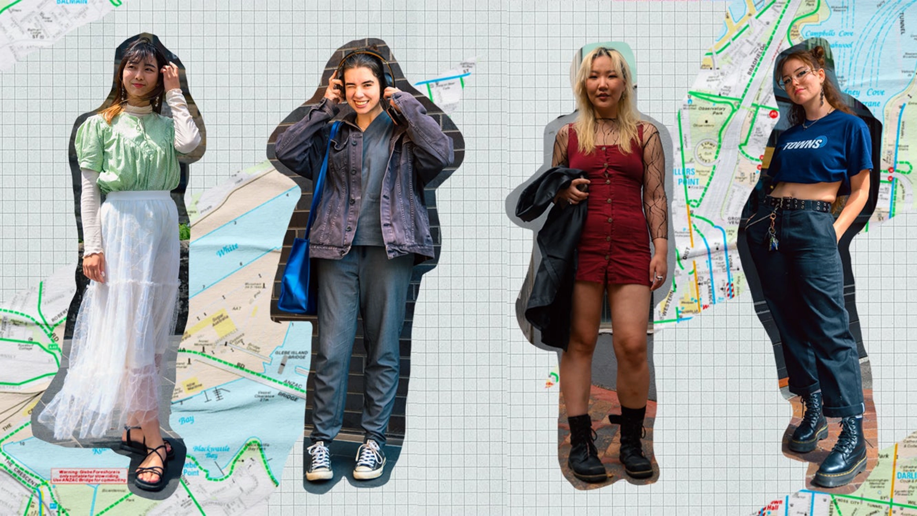 Four individuals in diverse styles stand before a map-themed background.