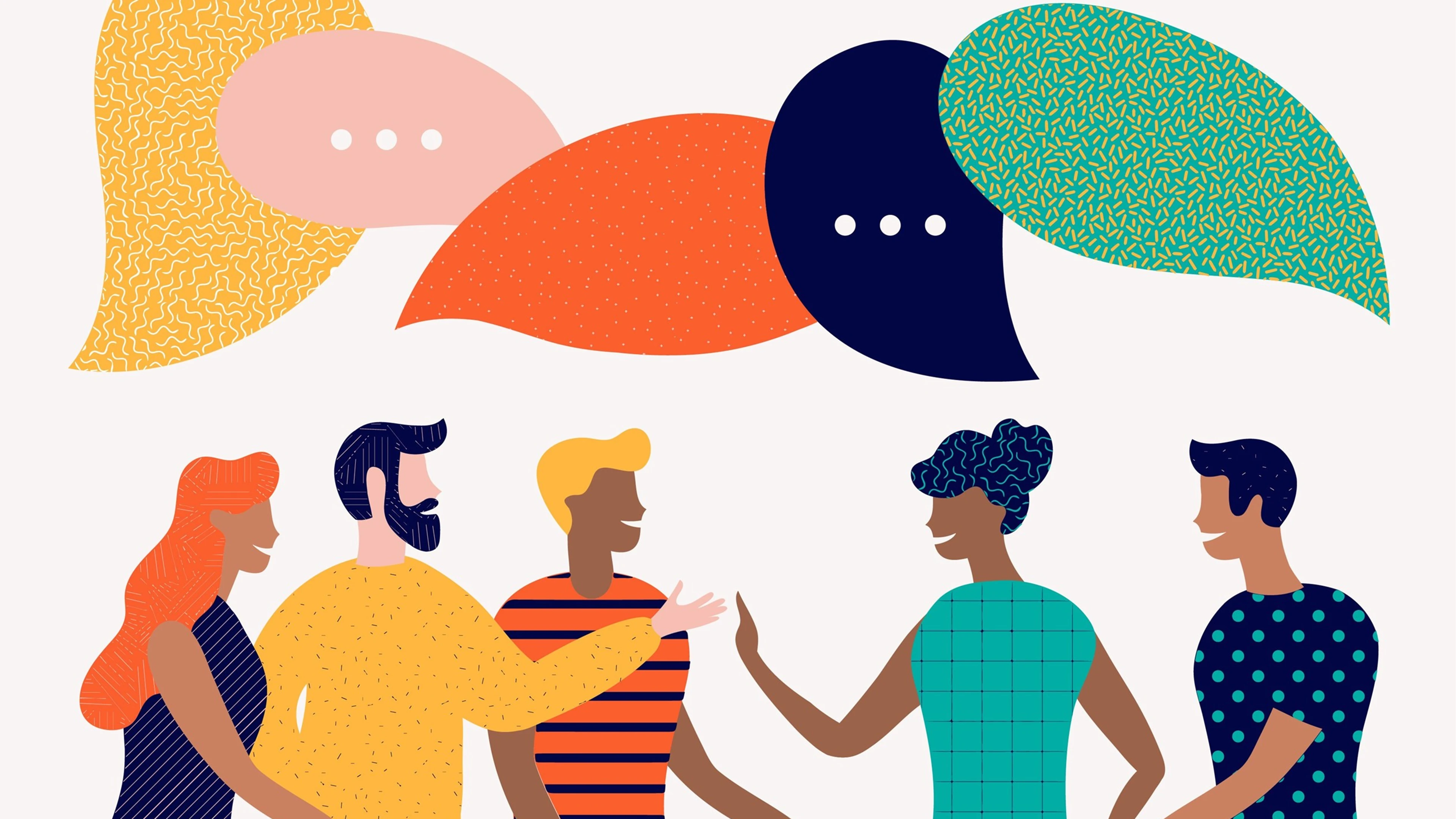 Five Diverse Individuals Talking With Colorful Speech Bubbles Overhead.