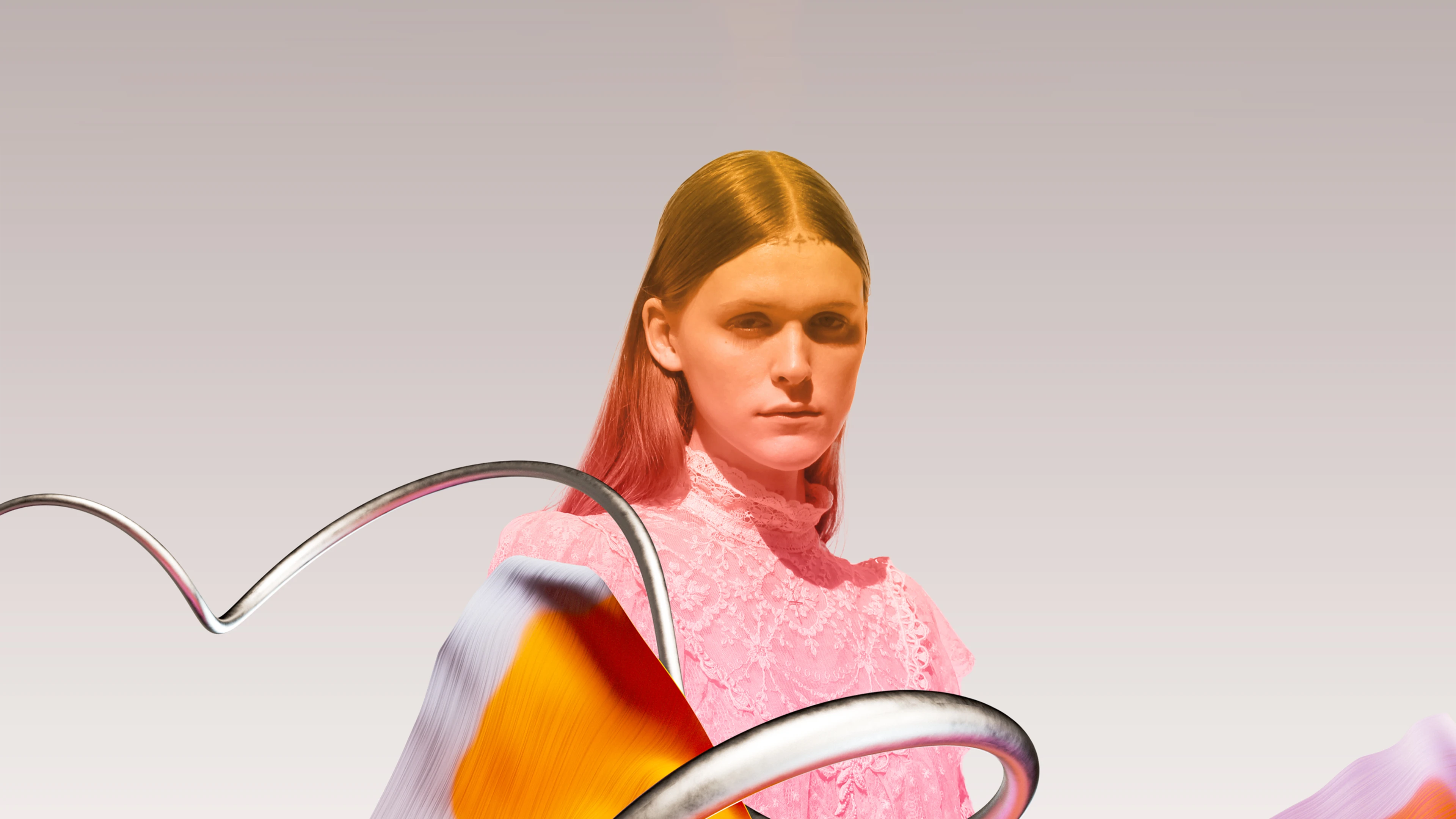 Part 2: Ethel Cain, You Owe Me A Kidney Now! 2 Person In Pink Lace Dress With Abstract Shapes And Metallic Curve On Neutral Background.