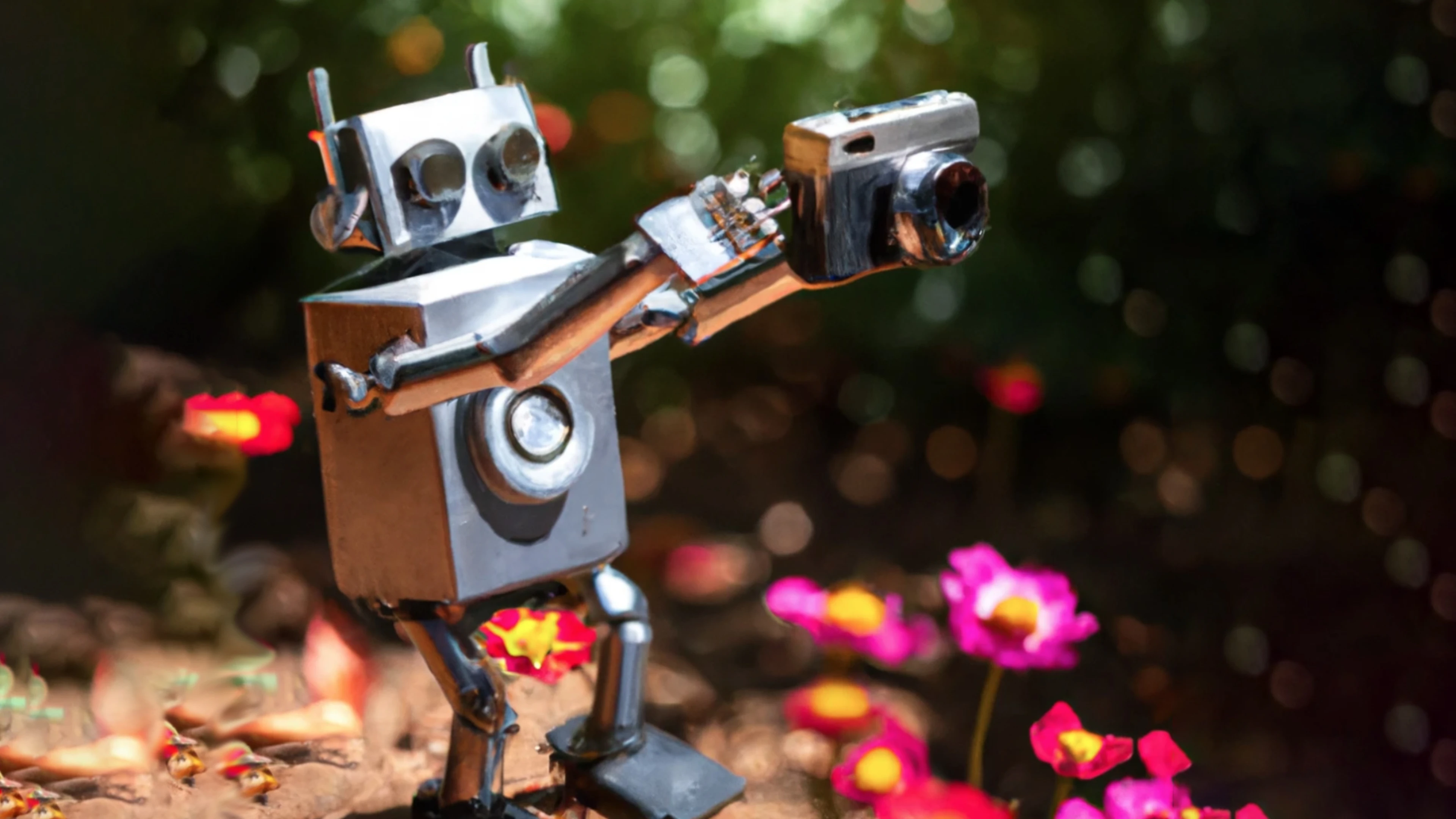 The Human Eye Vs. Artificial Intelligence: Why Photography Will Always Need Photographers 7 Metallic Robot Taking A Selfie In A Garden With Vibrant Pink And Yellow Flowers, Blurred Background.