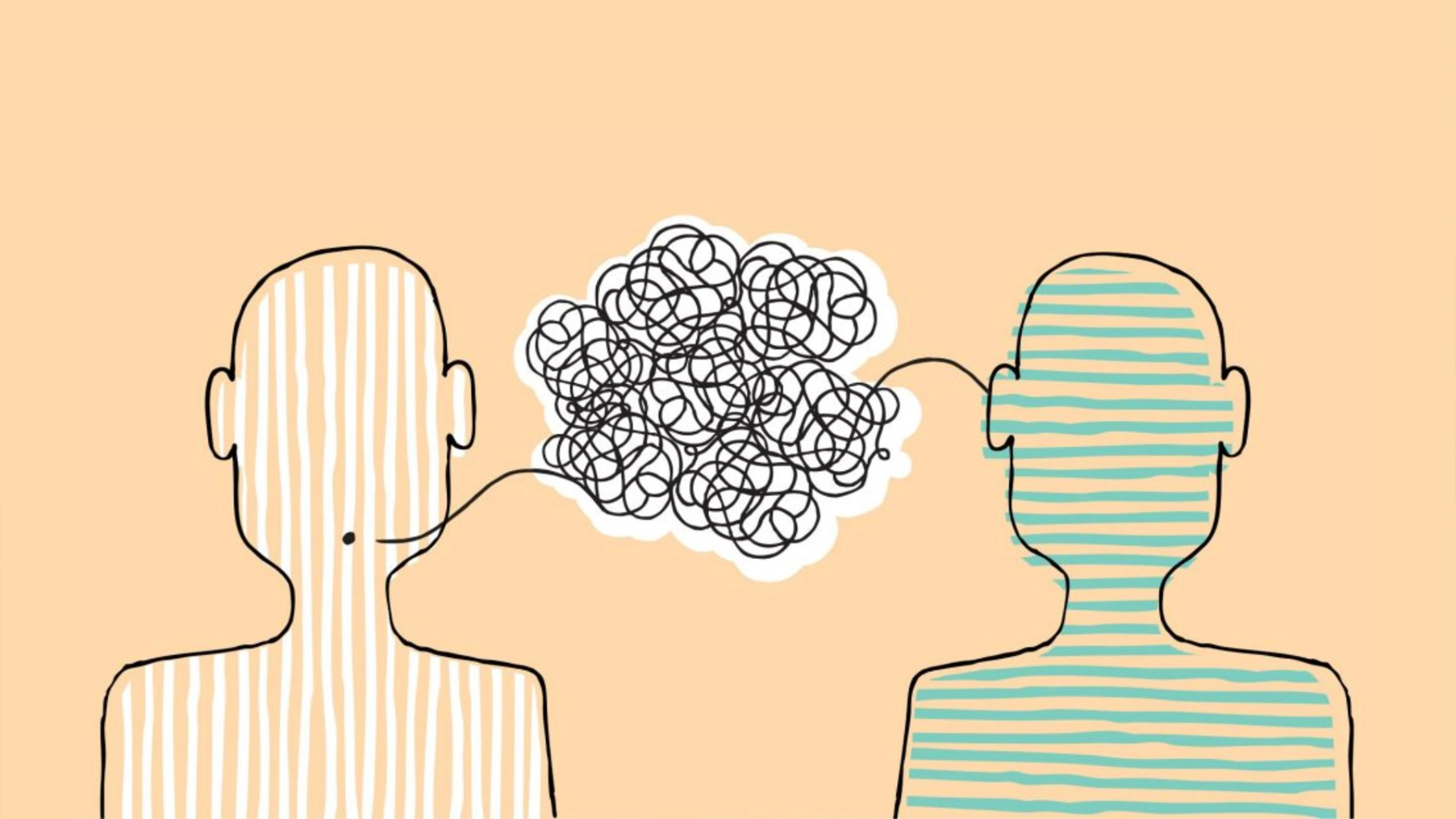 Outlined Figures With Vertical And Horizontal Lines Linked By Scribbles, Symbolising Communication.