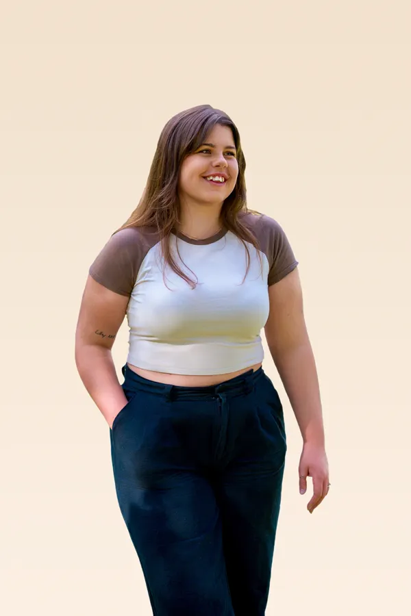 About 4 Smiling Person Two Toned Shirt