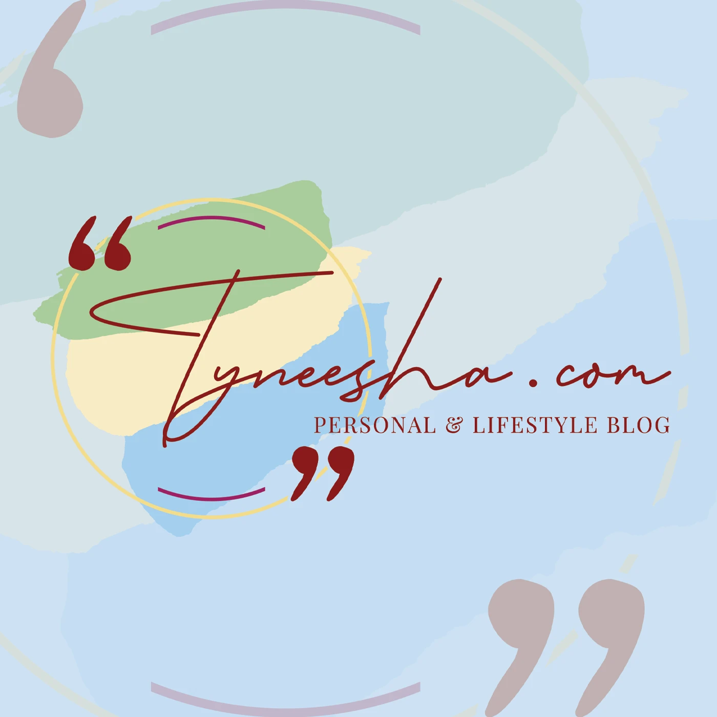 Tyneesha.com Tyeesha.com Logo With Red Script Text, Pastel Shapes, And Decorative Quotation Marks.