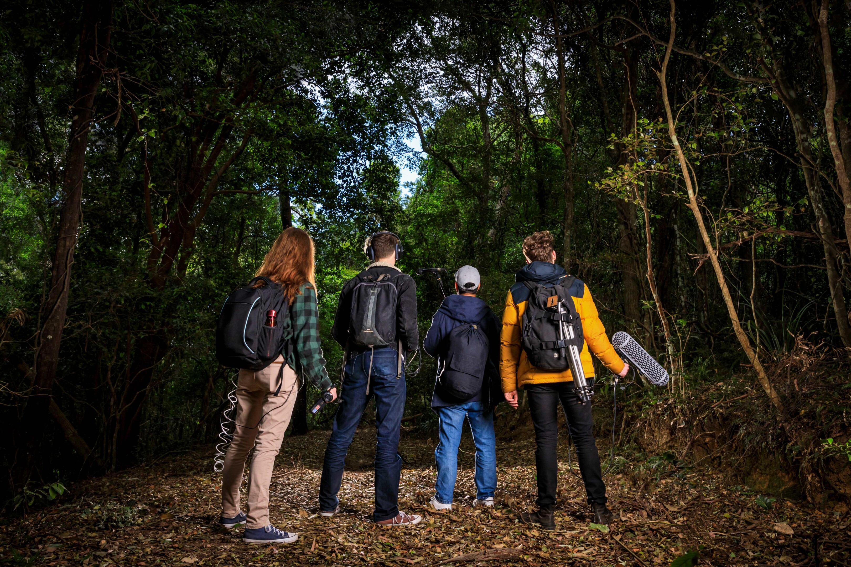 Four People With Backpacks In Dense Forest, Possibly Carrying Filming Or Recording Equipment.